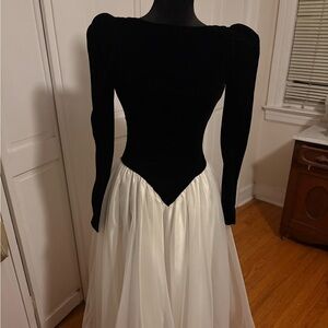 Vintage 1980s Black Velvet & White Tulle Dress with Satin Bow